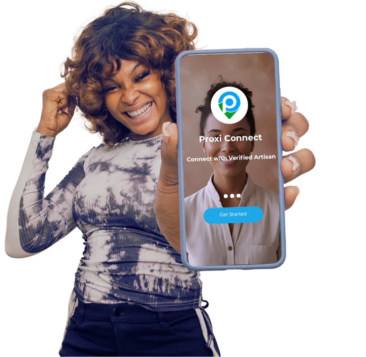 A smiling customer holding up a phone that shows the Proxi app